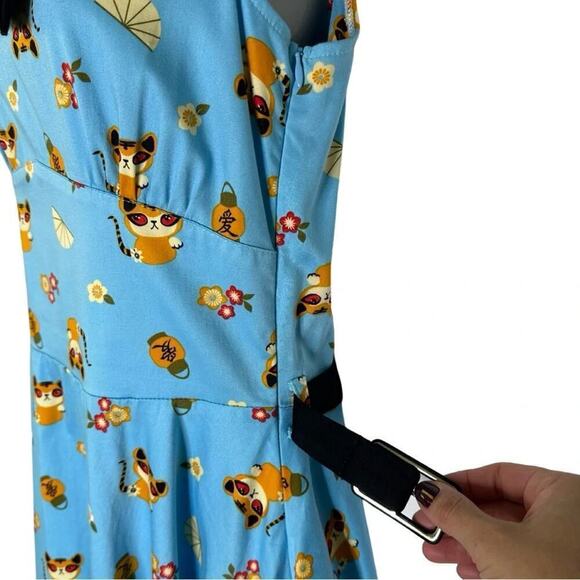 Voodoo Vixen Rockabilly 50s Swing Dress Blue Cat Print Retro Pinup Flair Size S - Picture 7 of 13